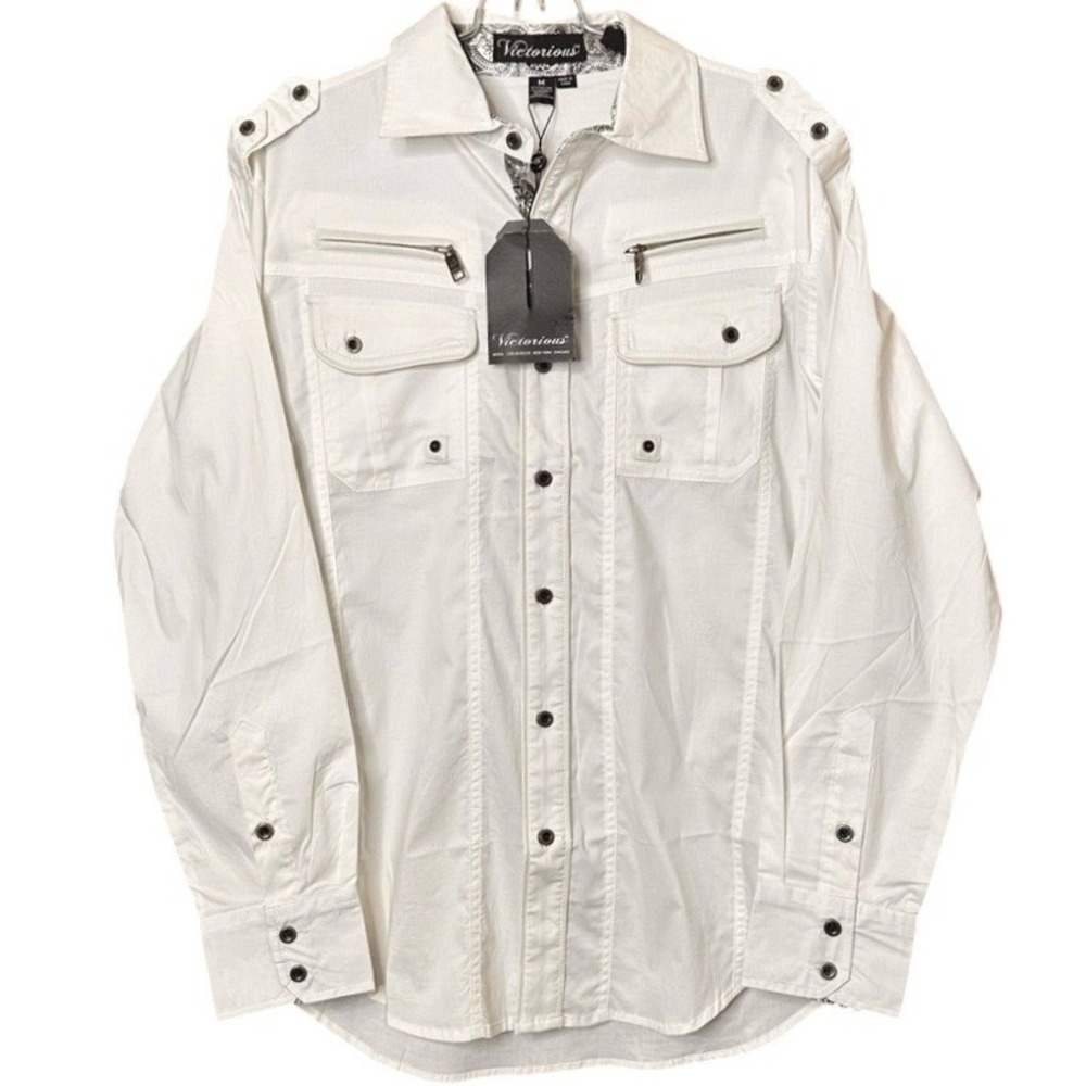 Victorious Mens White Military Tactical Utility Button Up Shirt SH220-2 Size M